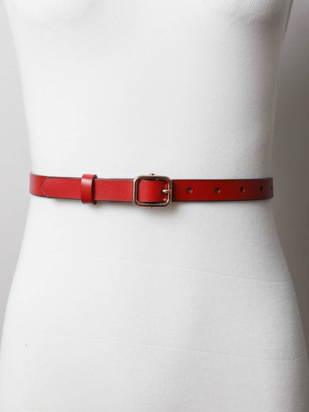 Red Slim Leather Belt with Gold Buckle